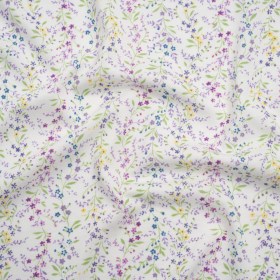 Cotton and Rayon Jersey Print – Purple, Blue and Green Little Floral Vines on White – Deadstock Cotton and Rayon Jersey Print – Purple, Blue and Green Little Floral Vines on White – Deadstock