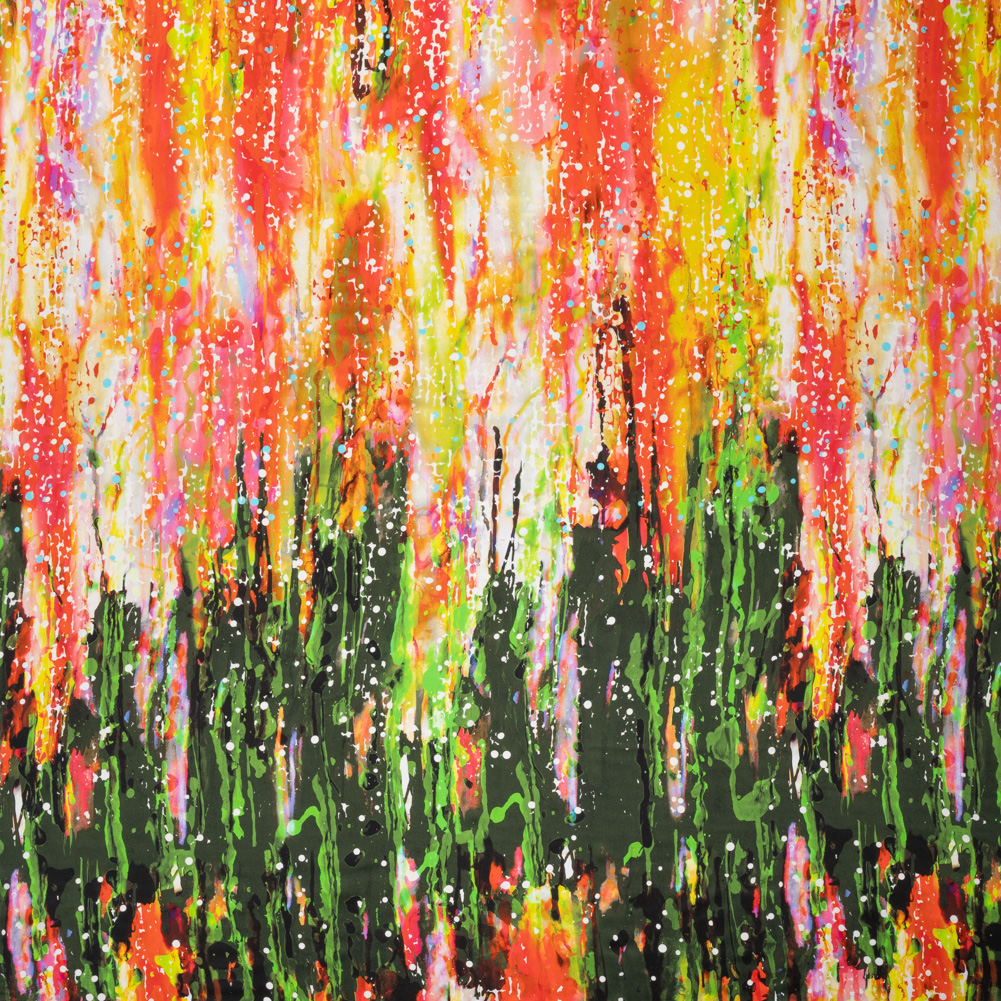 Silk Charmeuse Panel 16MM, Made in Italy – Olive Green, Red and Yellow Streaks and Spots Silk Charmeuse Panel 16MM, Made in Italy – Olive Green, Red and Yellow Streaks and Spots