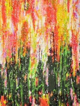 Silk Charmeuse Panel 16MM, Made in Italy – Olive Green, Red and Yellow Streaks and Spots Silk Charmeuse Panel 16MM, Made in Italy – Olive Green, Red and Yellow Streaks and Spots