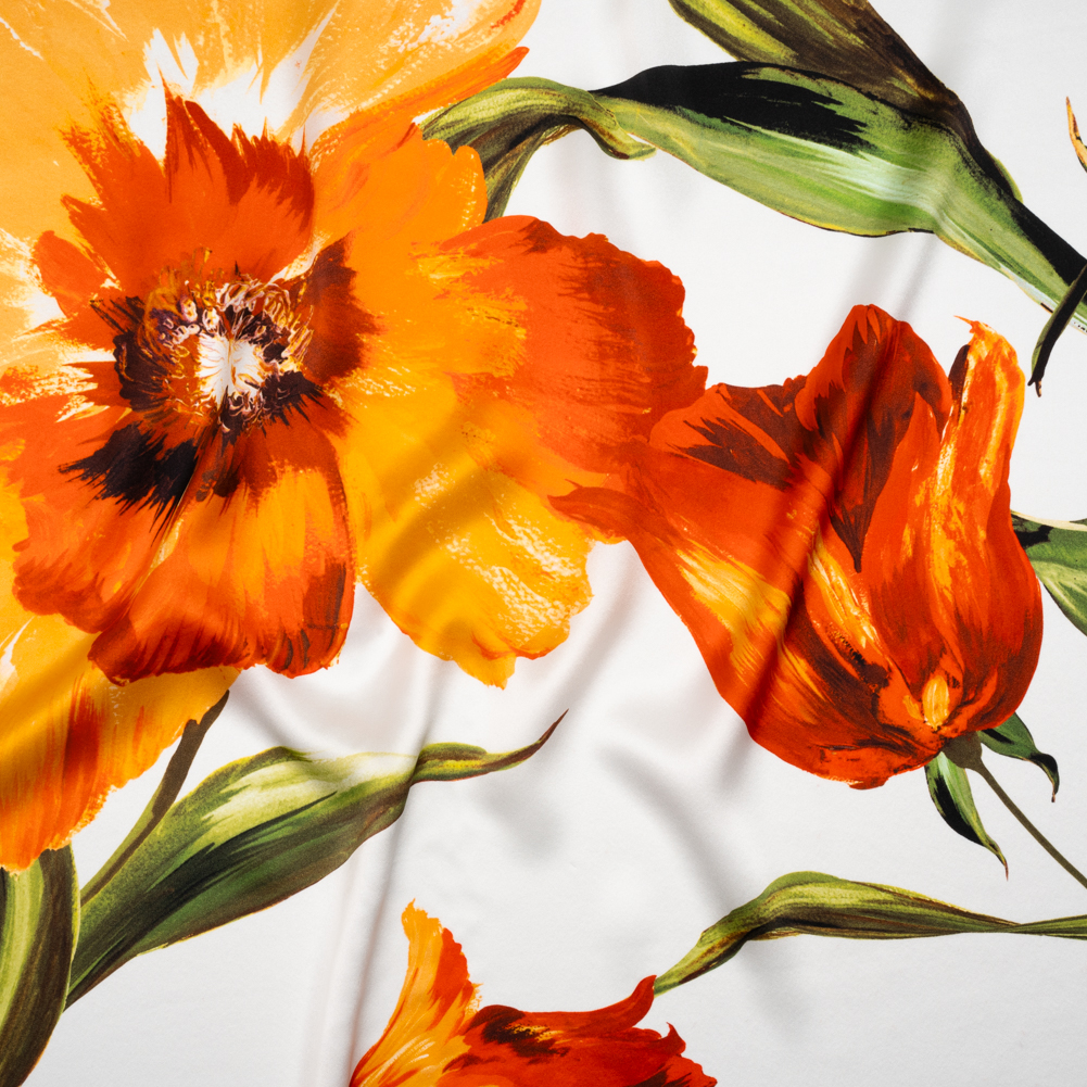 Silk Charmeuse Print 16MM, Made in Italy – Golden Orange, Green and White Painted Tulip Garden Silk Charmeuse Print 16MM, Made in Italy – Golden Orange, Green and White Painted Tulip Garden