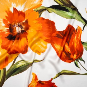 Silk Charmeuse Print 16MM, Made in Italy – Golden Orange, Green and White Painted Tulip Garden Silk Charmeuse Print 16MM, Made in Italy – Golden Orange, Green and White Painted Tulip Garden