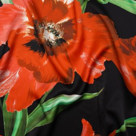 Silk Charmeuse Print 16MM, Made in Italy – Scarlet Red, Green and Black Painted Tulip Garden Silk Charmeuse Print 16MM, Made in Italy – Scarlet Red, Green and Black Painted Tulip Garden