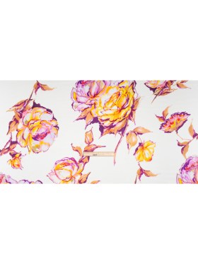 Silk Charmeuse Print 16MM, Made in Italy – Purple, Yellow and Beige Rose Garden Sketches on White Silk Charmeuse Print 16MM, Made in Italy – Purple, Yellow and Beige Rose Garden Sketches on White