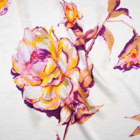 Silk Charmeuse Print 16MM, Made in Italy – Purple, Yellow and Beige Rose Garden Sketches on White Silk Charmeuse Print 16MM, Made in Italy – Purple, Yellow and Beige Rose Garden Sketches on White
