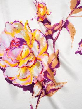 Silk Charmeuse Print 16MM, Made in Italy – Purple, Yellow and Beige Rose Garden Sketches on White Silk Charmeuse Print 16MM, Made in Italy – Purple, Yellow and Beige Rose Garden Sketches on White