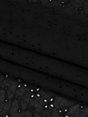 Embroidered Eyelet Cotton Voile – Black Floral Zig Zags and Stripes – Naomi Collection Embroidered Eyelet Cotton Voile – Black Floral Zig Zags and Stripes – Naomi Collection