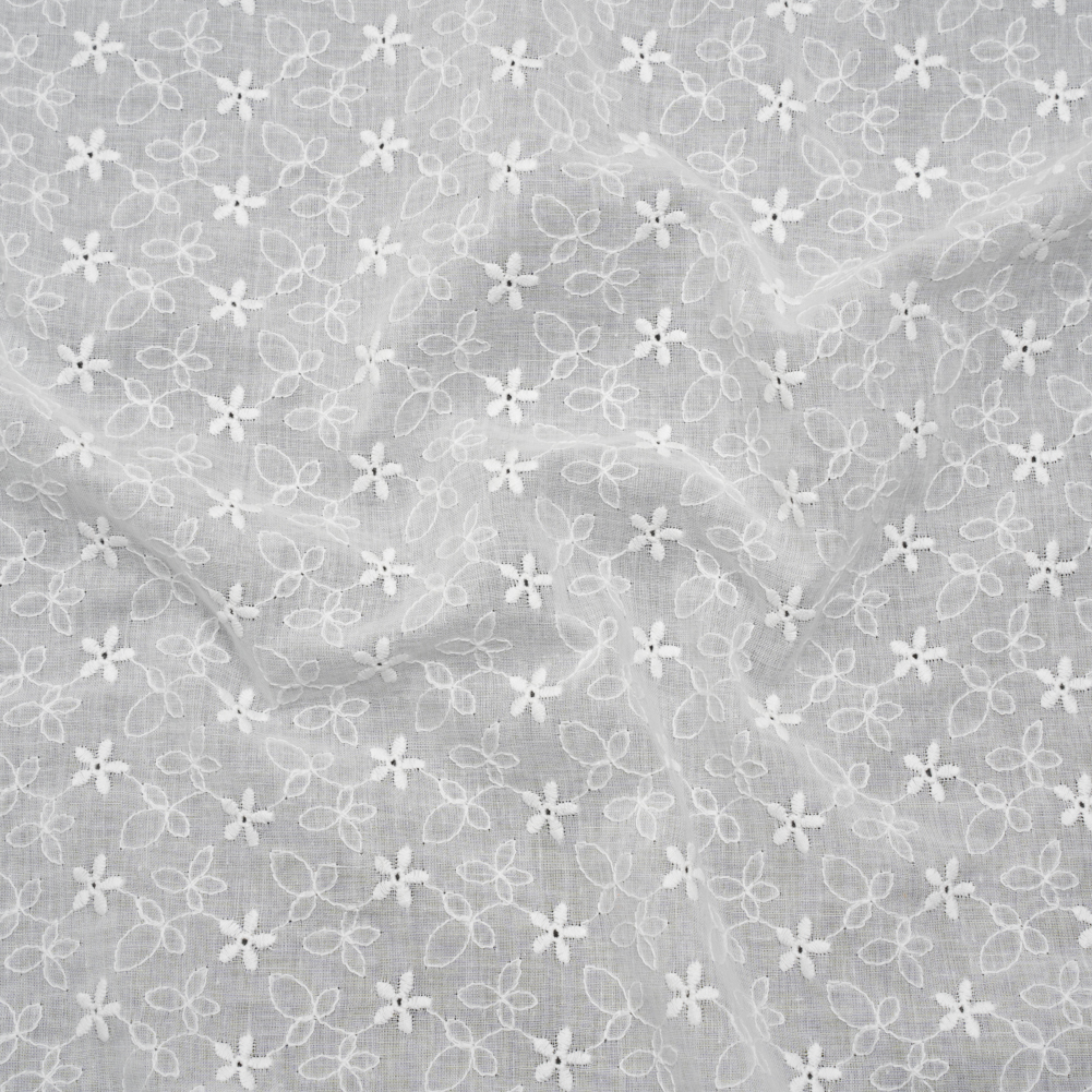 Embroidered Eyelet Cotton Voile – White Daisies and Leaves – Naomi Collection Embroidered Eyelet Cotton Voile – White Daisies and Leaves – Naomi Collection