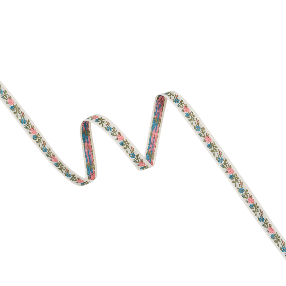 Cotton Jacquard Ribbon – 0.375″ – White, Pink and Blue Flowering Vine Cotton Jacquard Ribbon – 0.375″ – White, Pink and Blue Flowering Vine