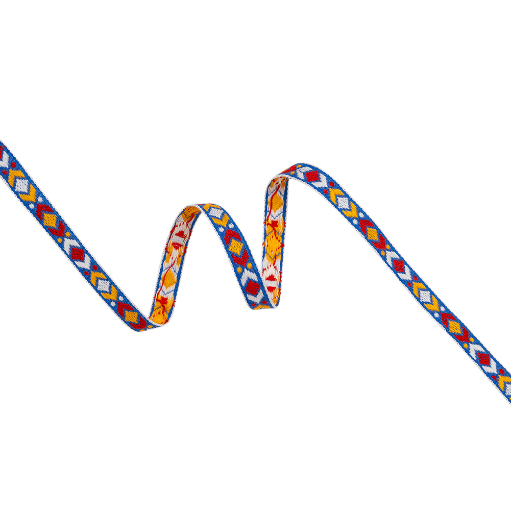 Cotton Jacquard Ribbon – 0.375″ – Red, Yellow and Blue Diamond Geometric Cotton Jacquard Ribbon – 0.375″ – Red, Yellow and Blue Diamond Geometric