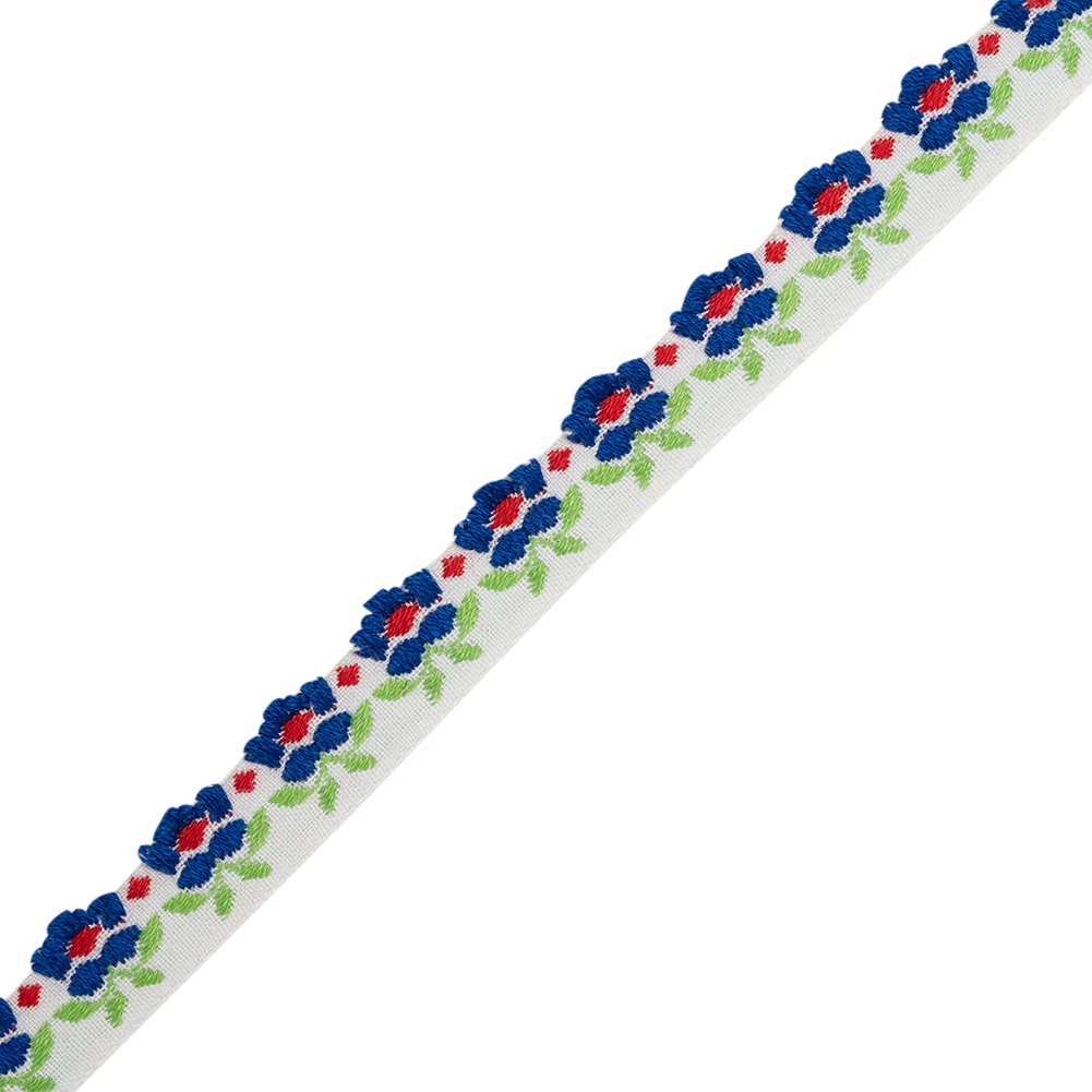 Cotton Jacquard Ribbon - 0.5" - Blue, Lime Green and Red Blooming Flowers