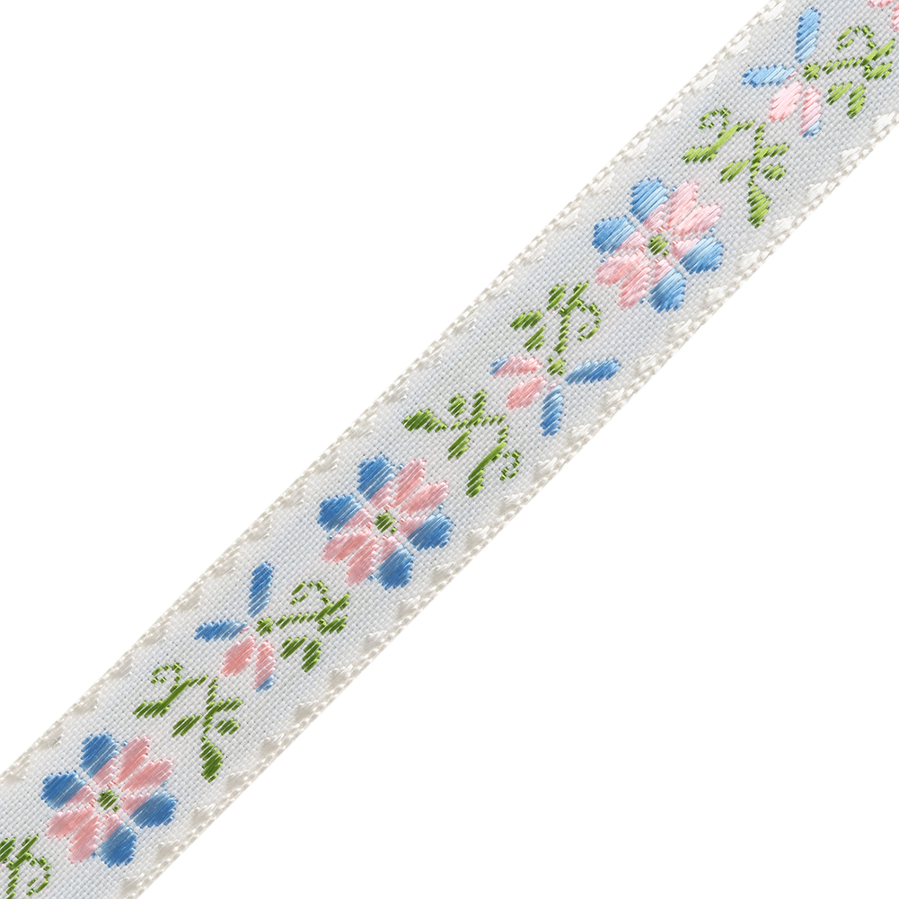 Jacquard Ribbon - 0.625" - Pink, Baby Blue and Green Striped Flowers
