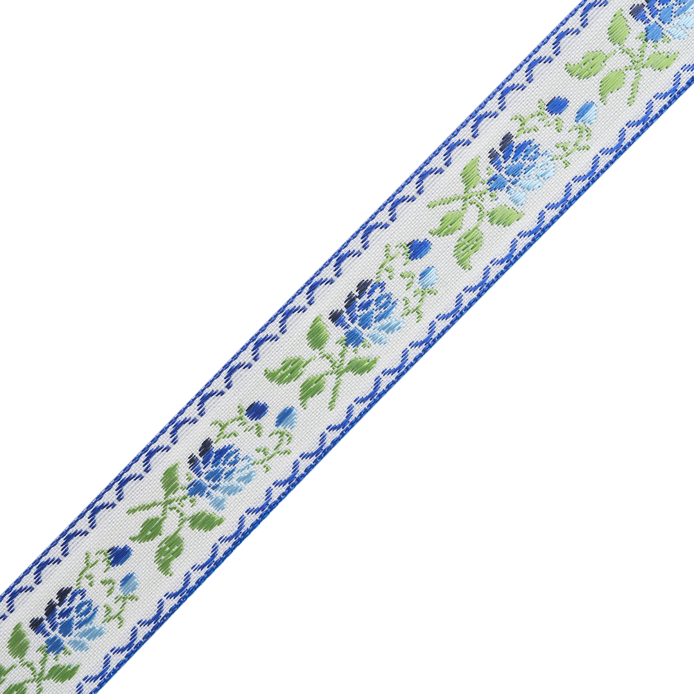 Jacquard Ribbon - 0.875" - Blue, Green and White Roses