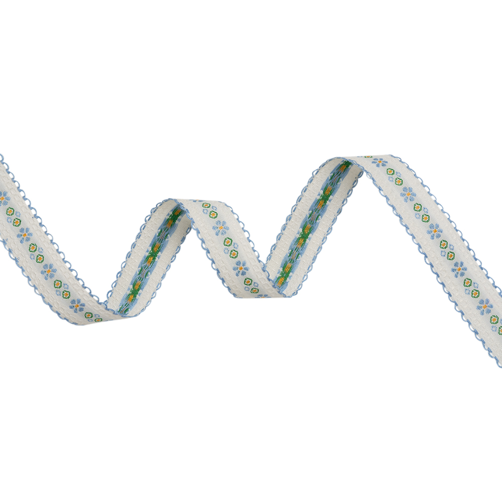 Jacquard Ribbon with Scalloped Edges – 0.875″ – French Blue, White and Green Little Daisies and Dots Jacquard Ribbon with Scalloped Edges – 0.875″ – French Blue, White and Green Little Daisies and Dots