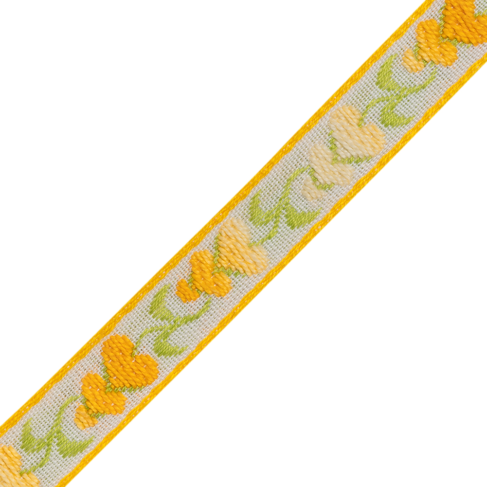 Cotton Jacquard Ribbon - 0.5" - Yellow, White and Green Heart Flowers