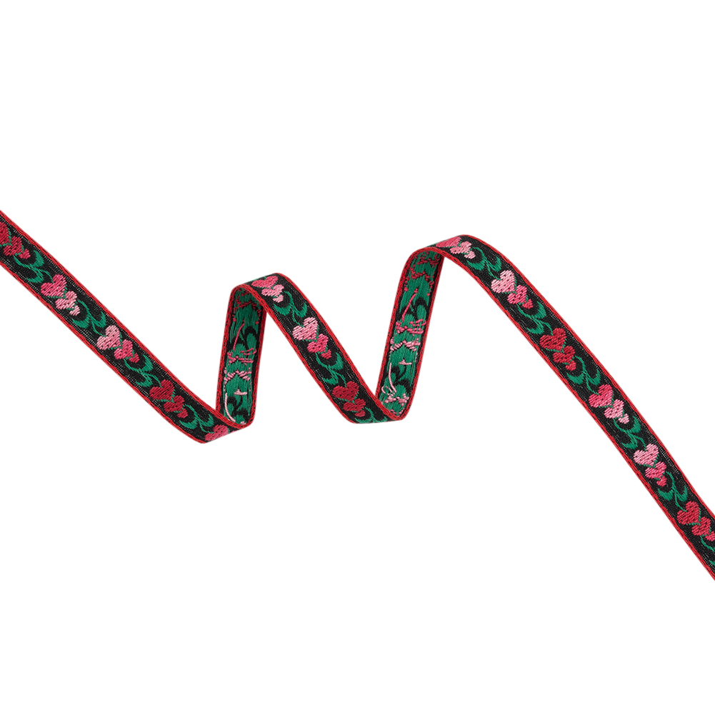 Cotton Jacquard Ribbon – 0.5″ – Red, Green and Black Heart Flowers Cotton Jacquard Ribbon – 0.5″ – Red, Green and Black Heart Flowers