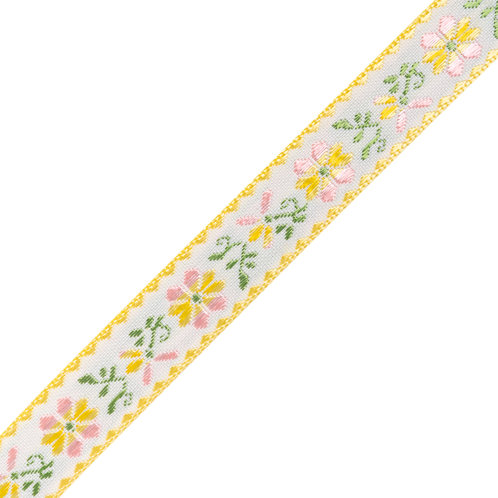 Jacquard Ribbon - 0.625" - Yellow, Pink and Green Striped Flowers