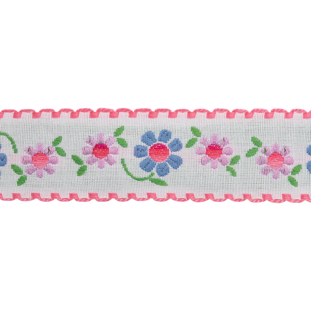 Jacquard Ribbon with Scalloped Edges - 1.375" - Baby Pink, French Blue and Lilac Happy Flowers