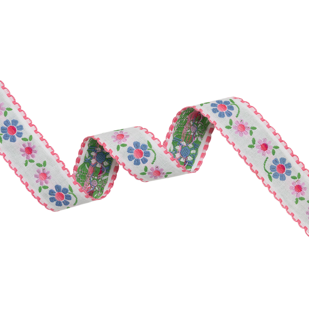 Jacquard Ribbon with Scalloped Edges – 1.375″ – Baby Pink, French Blue and Lilac Happy Flowers Jacquard Ribbon with Scalloped Edges – 1.375″ – Baby Pink, French Blue and Lilac Happy Flowers