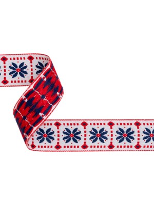 Jacquard Ribbon – 1.5″ – White, Red and Navy Flower Blocks Jacquard Ribbon – 1.5″ – White, Red and Navy Flower Blocks