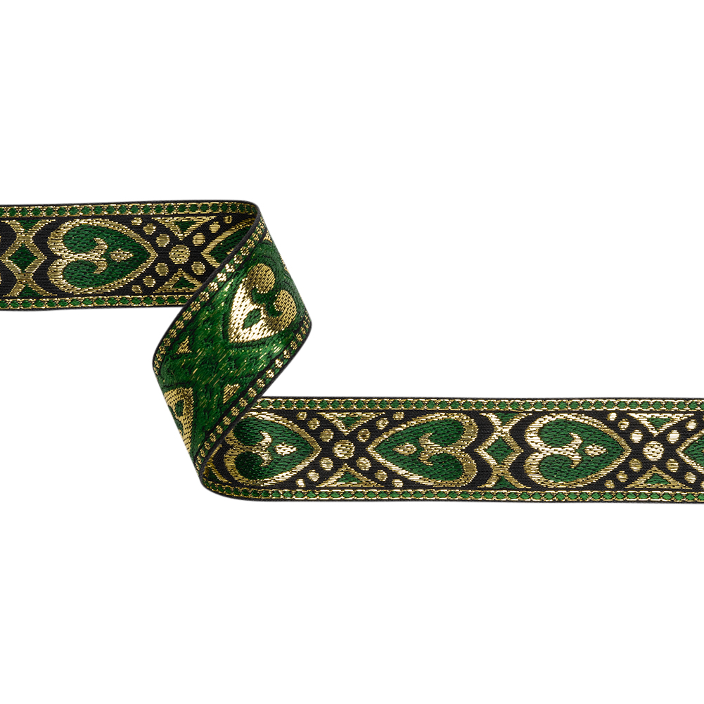 Metallic Jacquard Ribbon – 1.375″ – Green, Black and Gold Fanciful Hearts Metallic Jacquard Ribbon – 1.375″ – Green, Black and Gold Fanciful Hearts