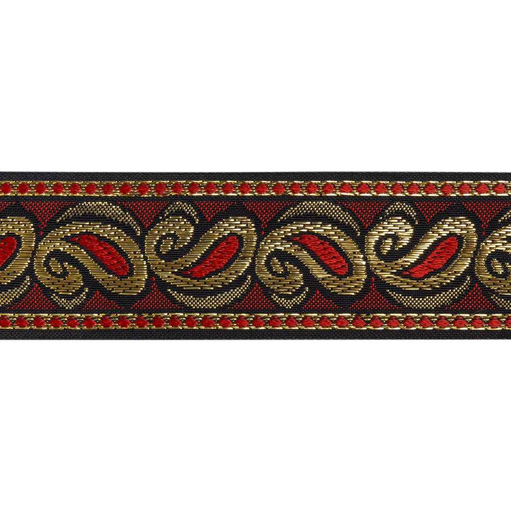 Metallic Jacquard Ribbon - 40mm - Red, Black and Gold Dancing Paisleys