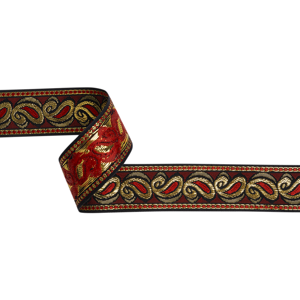Metallic Jacquard Ribbon – 40mm – Red, Black and Gold Dancing Paisleys Metallic Jacquard Ribbon – 40mm – Red, Black and Gold Dancing Paisleys