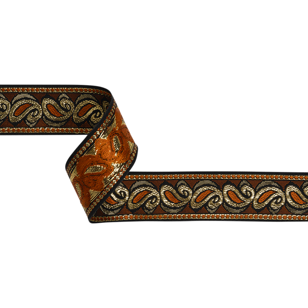 Metallic Jacquard Ribbon – 40mm – Burnt Orange, Black and Gold Dancing Paisleys Metallic Jacquard Ribbon – 40mm – Burnt Orange, Black and Gold Dancing Paisleys