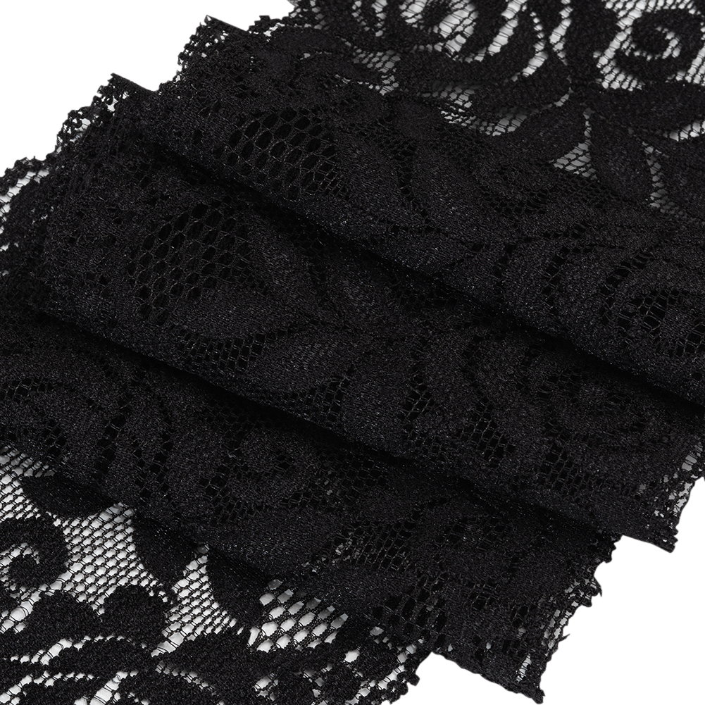 Stretch Lace Trim - 3.5" - Black Roses and Leaves with Scalloped Edges