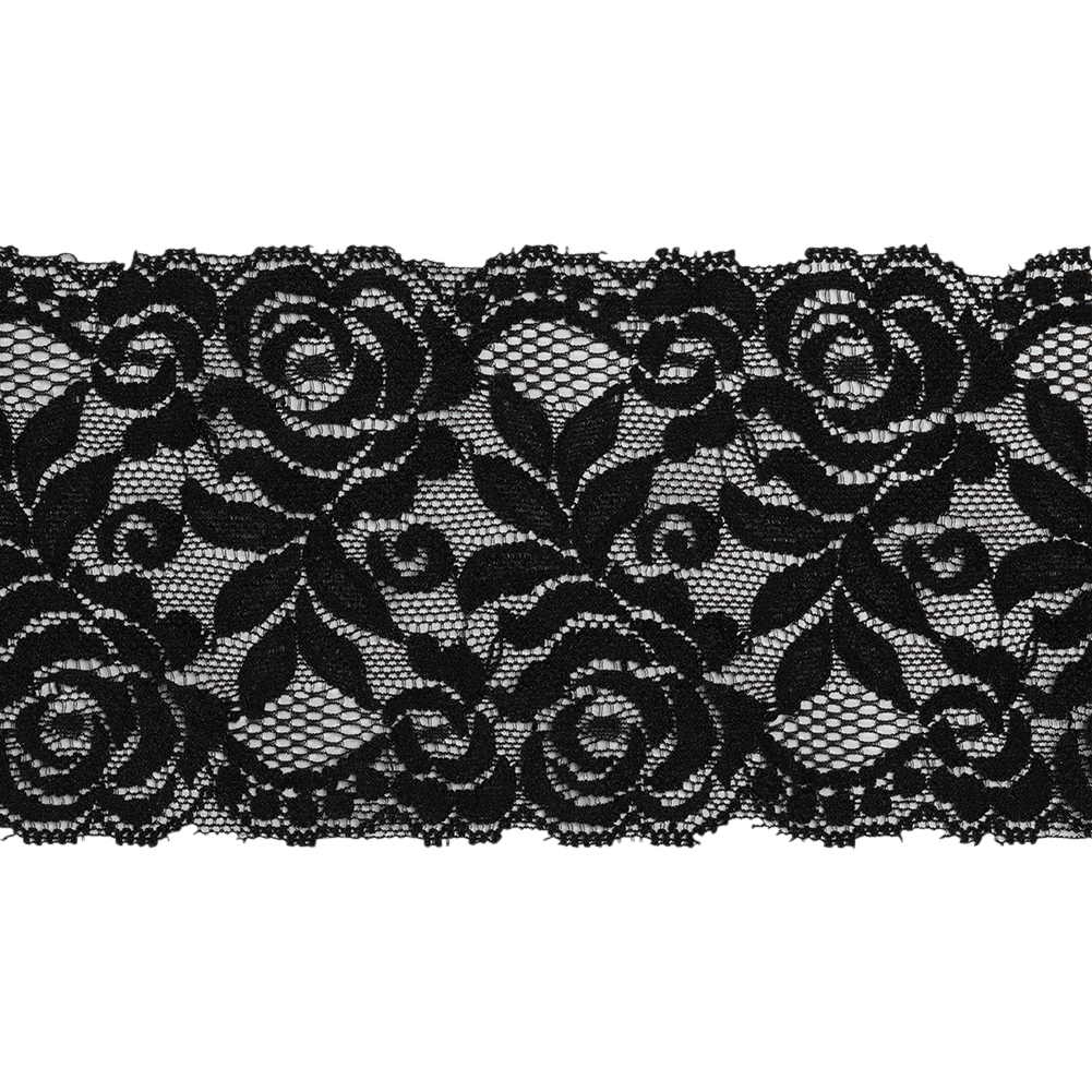 Stretch Lace Trim – 3.5″ – Black Roses and Leaves with Scalloped Edges Stretch Lace Trim – 3.5″ – Black Roses and Leaves with Scalloped Edges