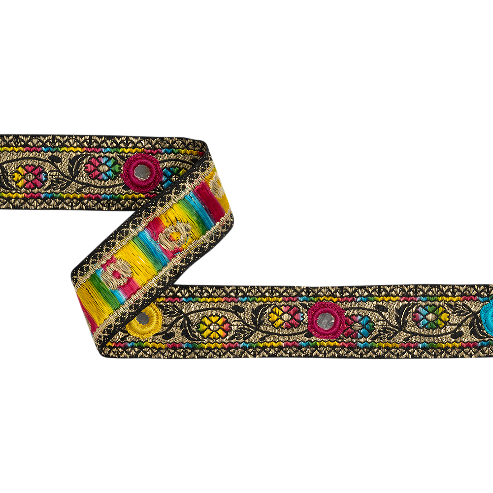 Metallic Jacquard RIbbon with Embroidered Mirror Insets – 1.5″ – Rainbow, Black and Gold Flower Vines Metallic Jacquard RIbbon with Embroidered Mirror Insets – 1.5″ – Rainbow, Black and Gold Flower Vines