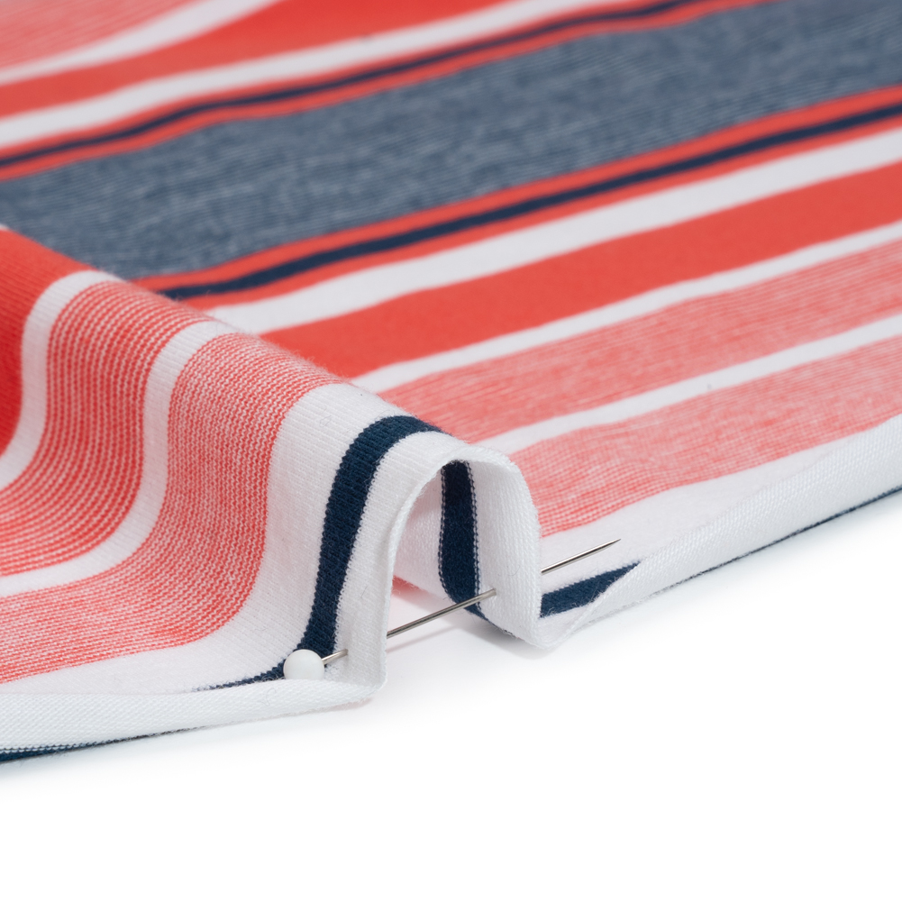 Stretch Cotton Jersey – Coral, Navy Blue and White Stripes – Designer Deadstock Stretch Cotton Jersey – Coral, Navy Blue and White Stripes – Designer Deadstock