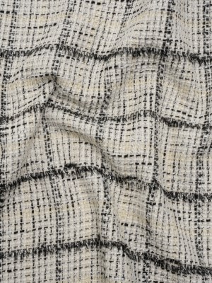 Metallic Polyester Tweed – White, Gold and Black Fringed Windowpane Check Metallic Polyester Tweed – White, Gold and Black Fringed Windowpane Check