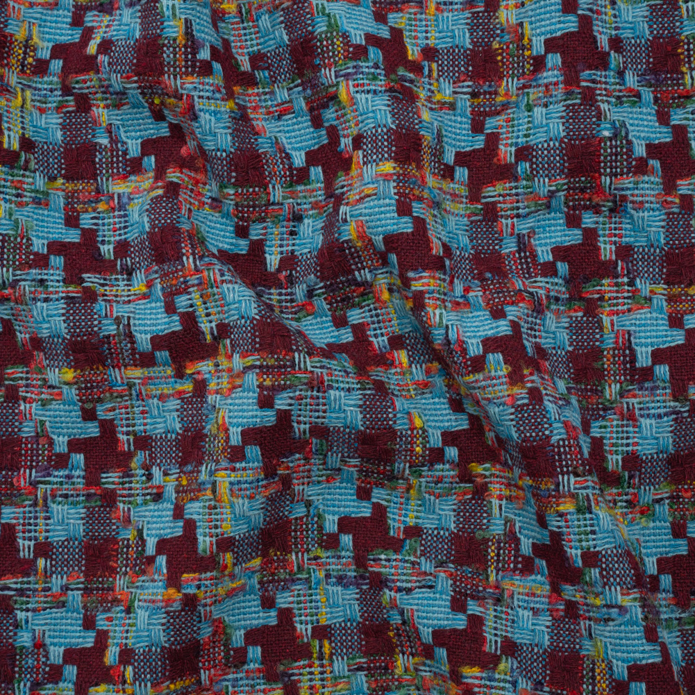 Wool Blend Tweedy Boucle Woven – Turquoise, Wine Red and Rainbow Blocky Houndstooth Wool Blend Tweedy Boucle Woven – Turquoise, Wine Red and Rainbow Blocky Houndstooth