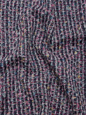 Wool Blend Novelty Tweed – Pink, Navy and White Stripes – Deadstock Wool Blend Novelty Tweed – Pink, Navy and White Stripes – Deadstock