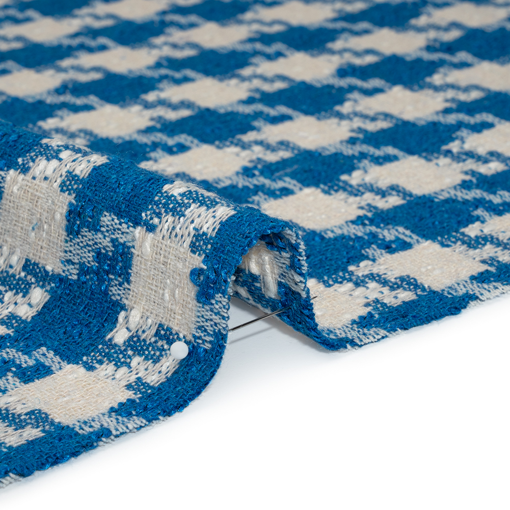 Cotton Blend Slubbed Woven - Blue and White Houndstooth - Deadstock