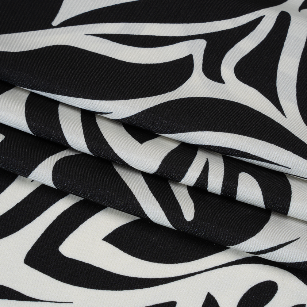 Polyester Twill – Black and Ivory Abstract Swirls – Designer Deadstock Polyester Twill – Black and Ivory Abstract Swirls – Designer Deadstock