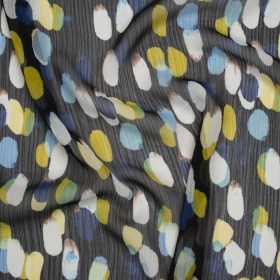 Crinkled Polyester Chiffon Print – Black, Blue and Yellow Abstract Spots – Designer Deadstock Crinkled Polyester Chiffon Print – Black, Blue and Yellow Abstract Spots – Designer Deadstock