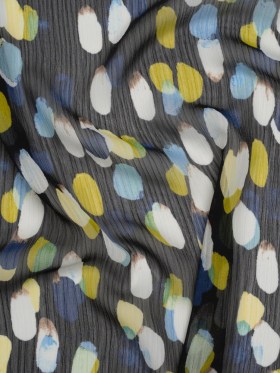 Crinkled Polyester Chiffon Print – Black, Blue and Yellow Abstract Spots – Designer Deadstock Crinkled Polyester Chiffon Print – Black, Blue and Yellow Abstract Spots – Designer Deadstock
