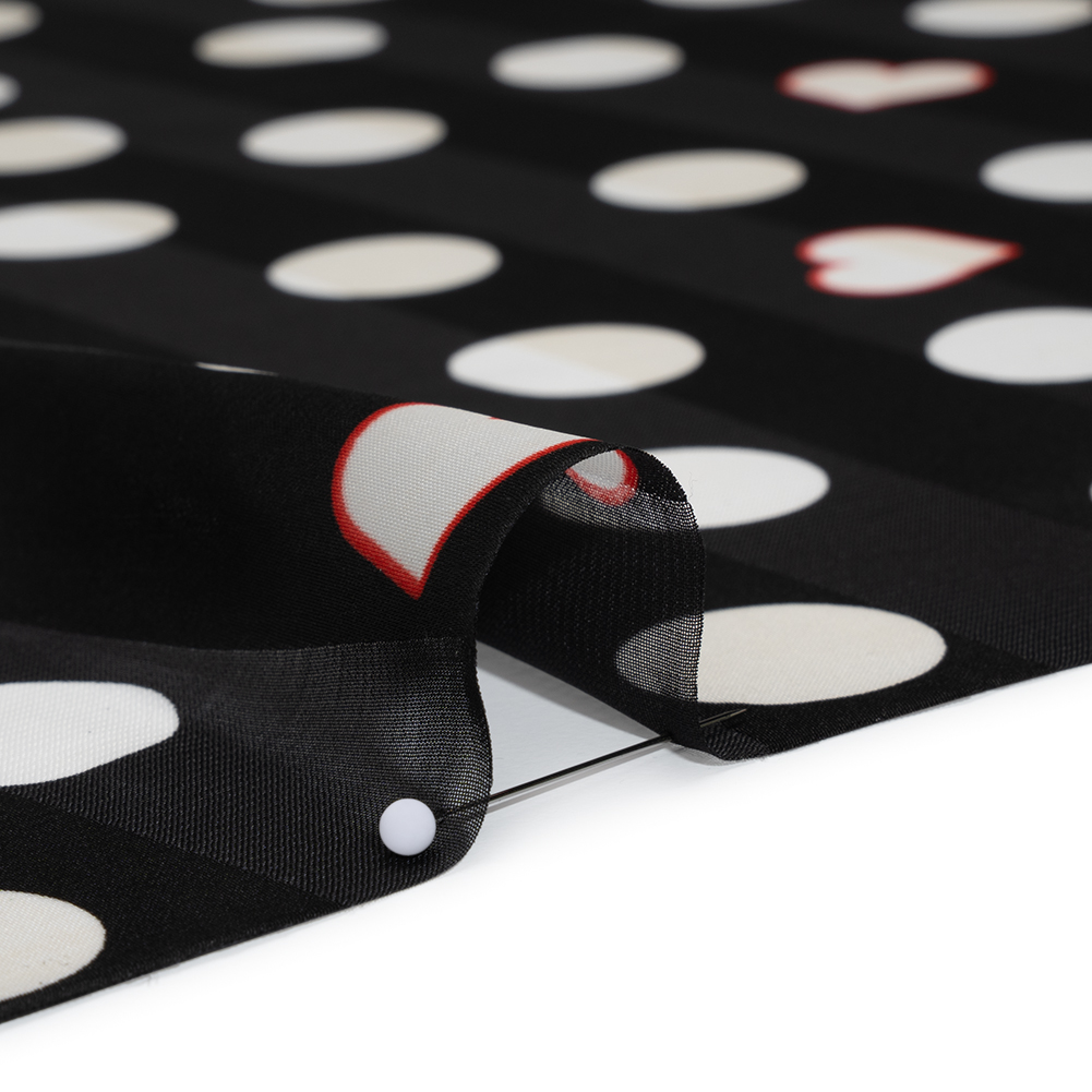 Polyester Awning Stripe Burnout Satin – Black, White and Red Polka Dots and Hearts – Designer Deadstock Polyester Awning Stripe Burnout Satin – Black, White and Red Polka Dots and Hearts – Designer Deadstock