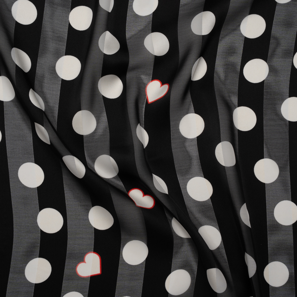 Polyester Awning Stripe Burnout Satin – Black, White and Red Polka Dots and Hearts – Designer Deadstock Polyester Awning Stripe Burnout Satin – Black, White and Red Polka Dots and Hearts – Designer Deadstock
