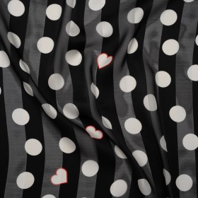 Polyester Awning Stripe Burnout Satin – Black, White and Red Polka Dots and Hearts – Designer Deadstock Polyester Awning Stripe Burnout Satin – Black, White and Red Polka Dots and Hearts – Designer Deadstock