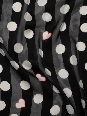 Polyester Awning Stripe Burnout Satin – Black, White and Red Polka Dots and Hearts – Designer Deadstock Polyester Awning Stripe Burnout Satin – Black, White and Red Polka Dots and Hearts – Designer Deadstock