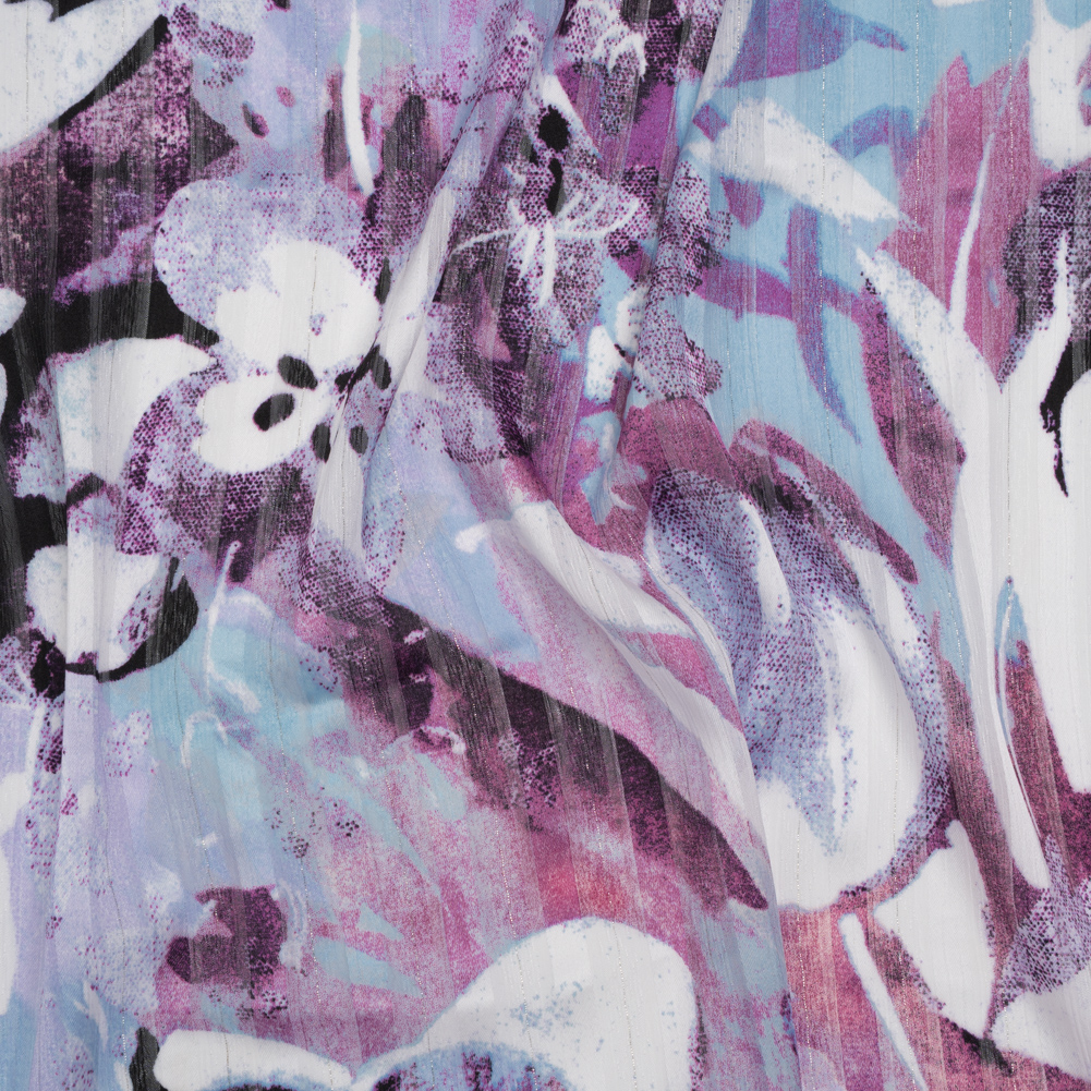 Polyester Satin-Striped Dobby with Metallic Pinstripes – Lavender, Sky Blue and Rose Abstract Florals – Designer Deadstock Polyester Satin-Striped Dobby with Metallic Pinstripes – Lavender, Sky Blue and Rose Abstract Florals – Designer Deadstock