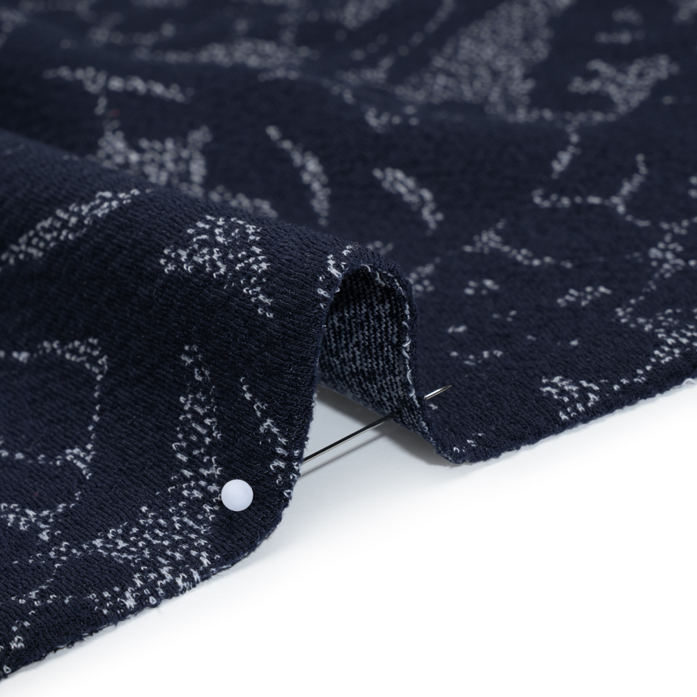 Puckered Polyester Jacquard Knit - Navy and Ivory Floral - Designer Deadstock