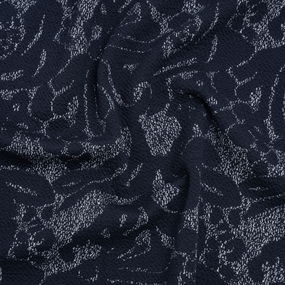 Puckered Polyester Jacquard Knit – Navy and Ivory Floral – Designer Deadstock Puckered Polyester Jacquard Knit – Navy and Ivory Floral – Designer Deadstock
