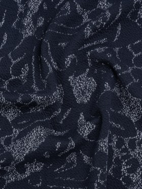 Puckered Polyester Jacquard Knit – Navy and Ivory Floral – Designer Deadstock Puckered Polyester Jacquard Knit – Navy and Ivory Floral – Designer Deadstock