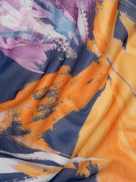 Stretch Polyester Mesh Print – Navy, Plum and Orange Painterly Floral – Designer Deadstock Stretch Polyester Mesh Print – Navy, Plum and Orange Painterly Floral – Designer Deadstock