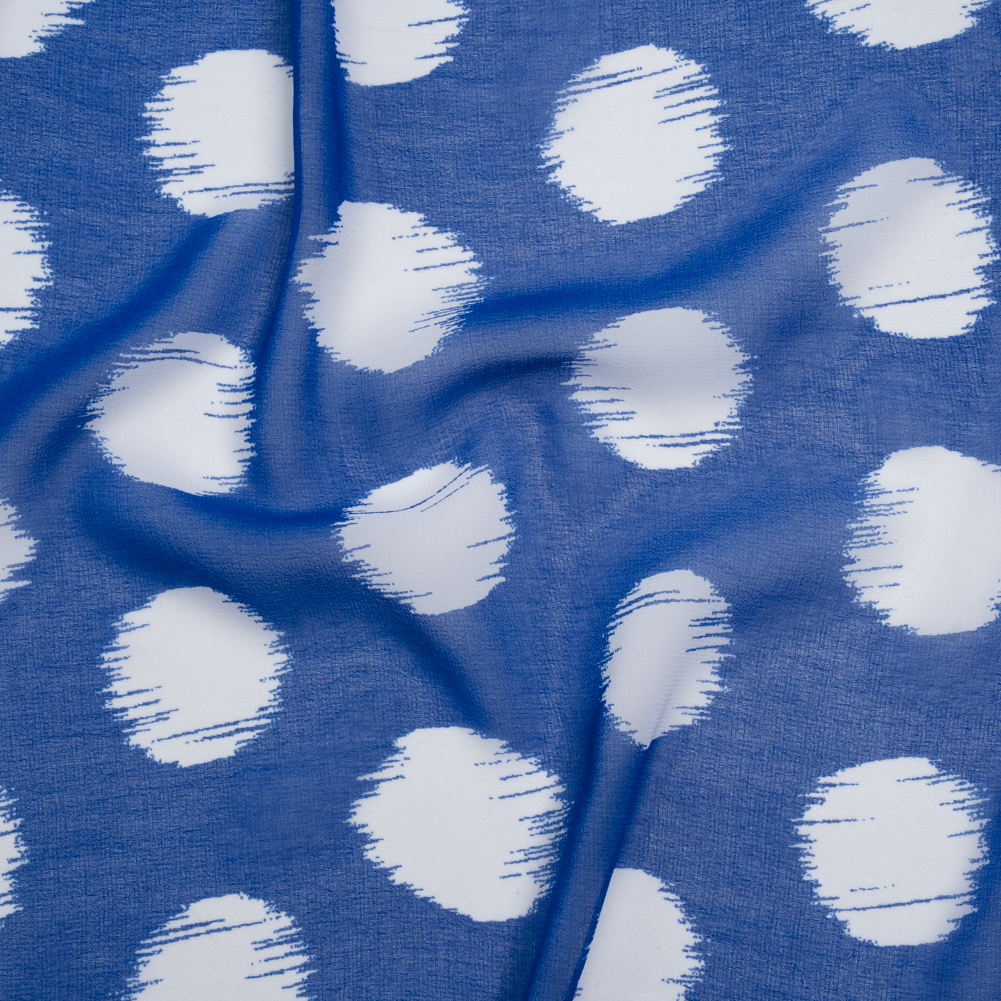 Polyester Chiffon – Cobalt Blue and White Brushed Polka Dots – Designer Deadstock Polyester Chiffon – Cobalt Blue and White Brushed Polka Dots – Designer Deadstock