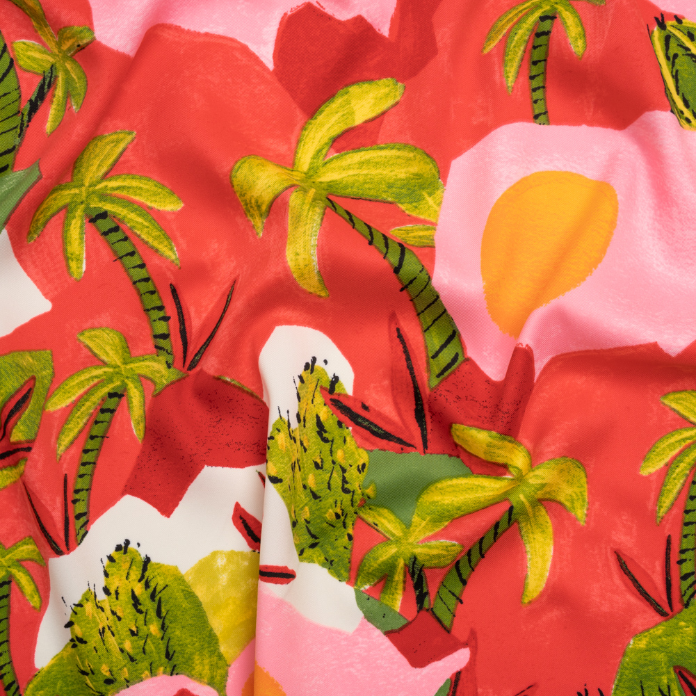 Lightweight Stretch Polyester Twill Print – Coral Red, Orange and Green Palm Trees and Cactuses – Designer Deadstock Lightweight Stretch Polyester Twill Print – Coral Red, Orange and Green Palm Trees and Cactuses – Designer Deadstock