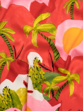 Lightweight Stretch Polyester Twill Print – Coral Red, Orange and Green Palm Trees and Cactuses – Designer Deadstock Lightweight Stretch Polyester Twill Print – Coral Red, Orange and Green Palm Trees and Cactuses – Designer Deadstock